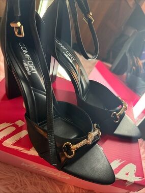 Wild Diva Black Ankle-Strap Block Heels with Gold Accent